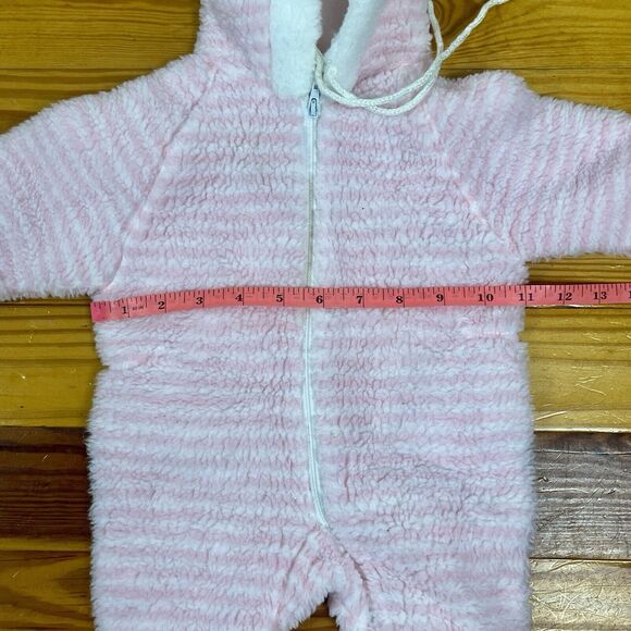 Vtg 80s Girl 0-6 Mth 1 piece Bunting Pram Fleece Suit Hood Zip Stripes Cuff USA - Picture 3 of 16
